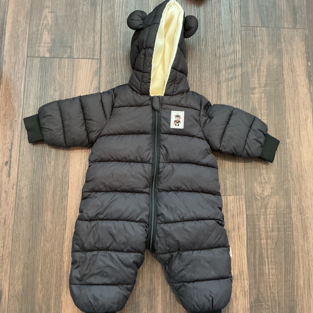 The Bear Hooded Puffer Snowsuit Black Quilted Fleece Bunting 66/44 Winter Coat